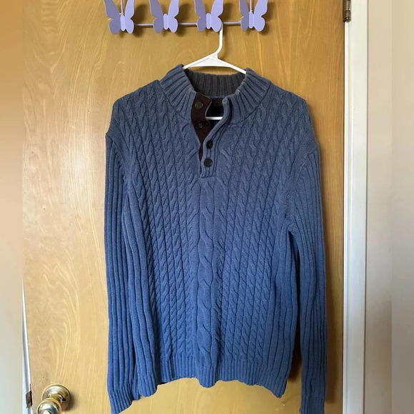 Blue Cable Knit Quarter Button Sweater Men’s Size Large - Picture 1 of 4